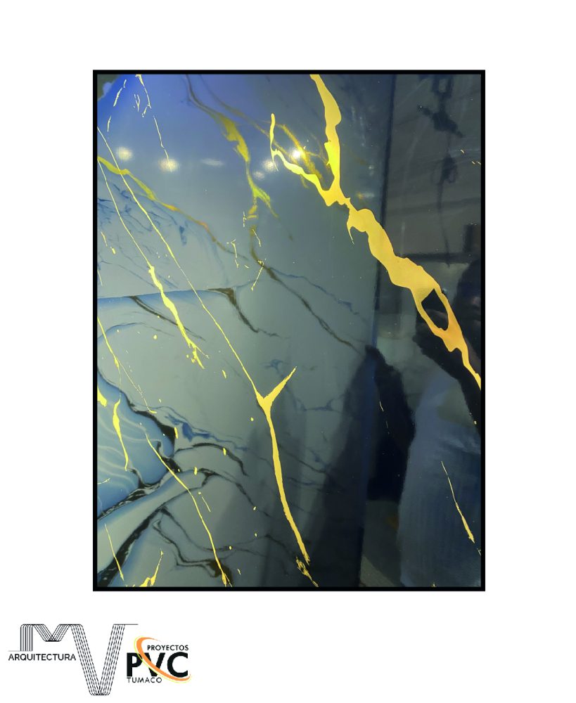 Lamina UV marmol azul veta dorada oscura